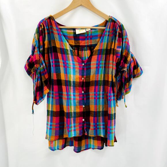 Anthropologie M colorful plaid ruched sleeve top - Picture 2 of 7